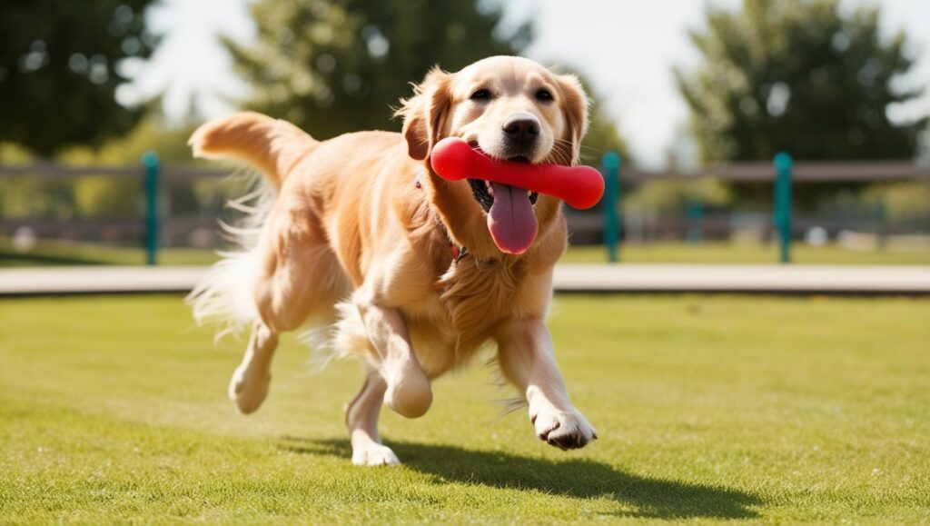 犬が噛むおもちゃを咥えてランニング中（運動不足解消）